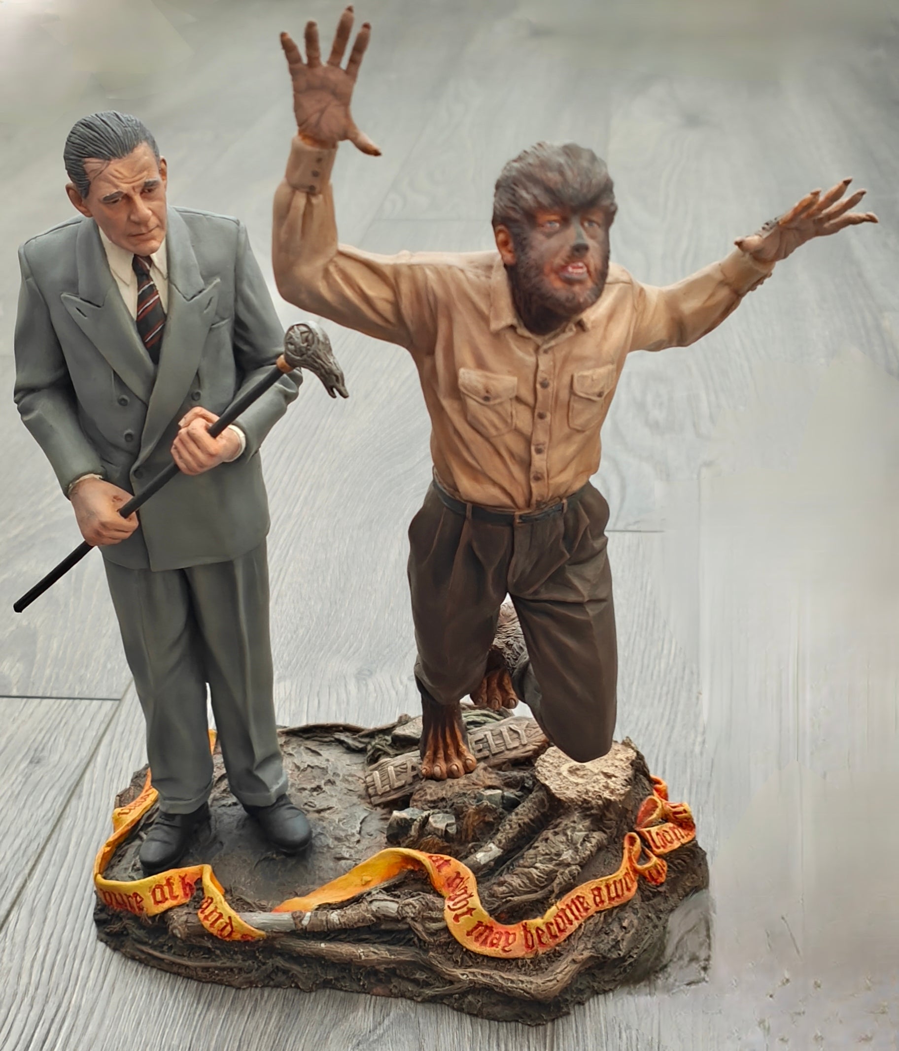 LON CHANEY AND THE WOLF MAN - CUSTOM BUILT AND PAINTED RESIN DIORAMA. RARE HIGHLY DETAILED AND PAINTED 12" TALL