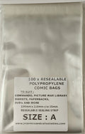SIZE A - 100 x POLYPROPYLENE COMMANDO SIZE COMIC BAGS c/w RESEAL STRIP