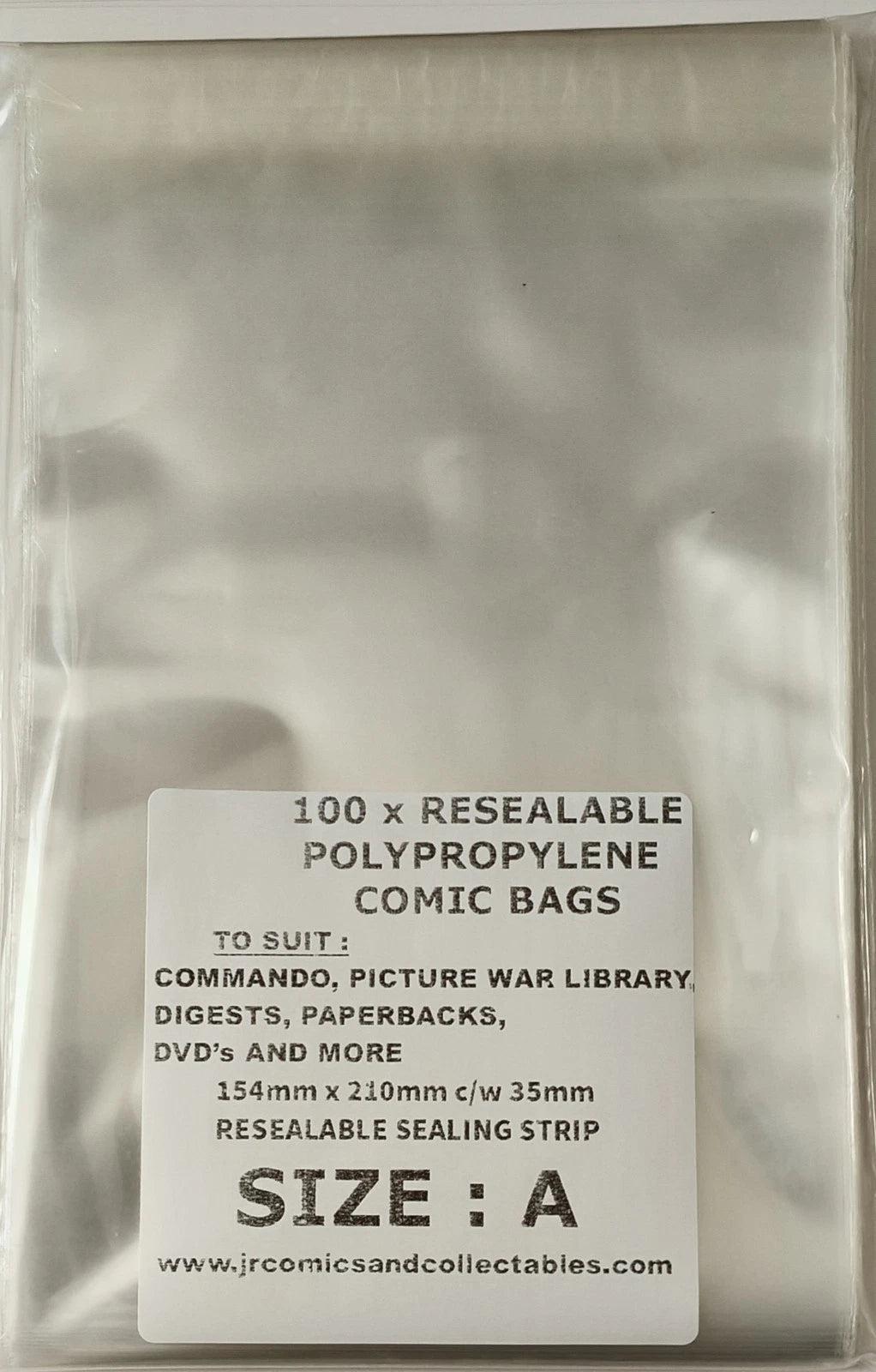SIZE A - 100 x POLYPROPYLENE COMMANDO SIZE COMIC BAGS c/w RESEAL STRIP